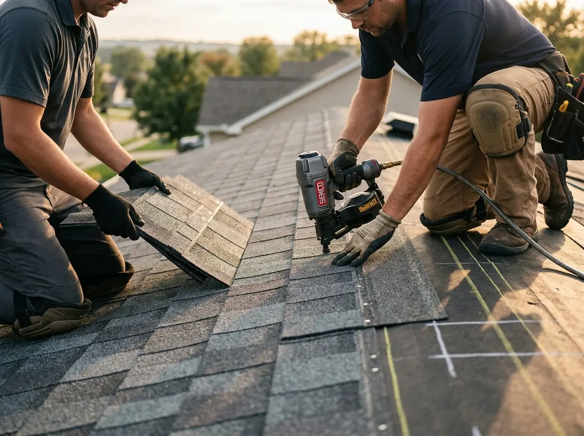 Professional roofer working on a residential roof in Fallbrook